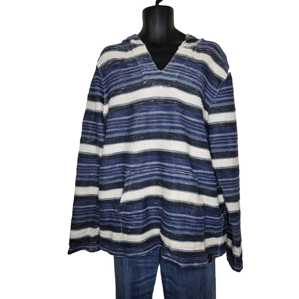 Lucky Brand Womens Sz L Hooded Blue Striped Poncho Sweater Long Sleeve Boho Chic